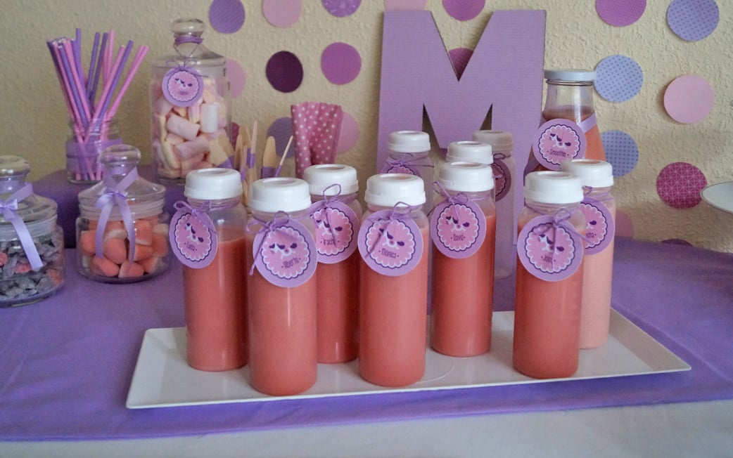 Mesa dulce biberones morado y rosa Baby Shower María