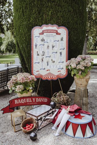 detalle seating plan decoración boda circo circense madrid
